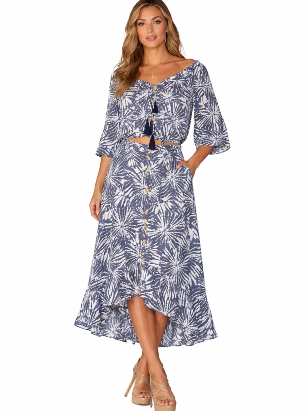 Tropical Boho Print 2-Piece Set Blouse Midi Skirt Boho Resort Large Blue White